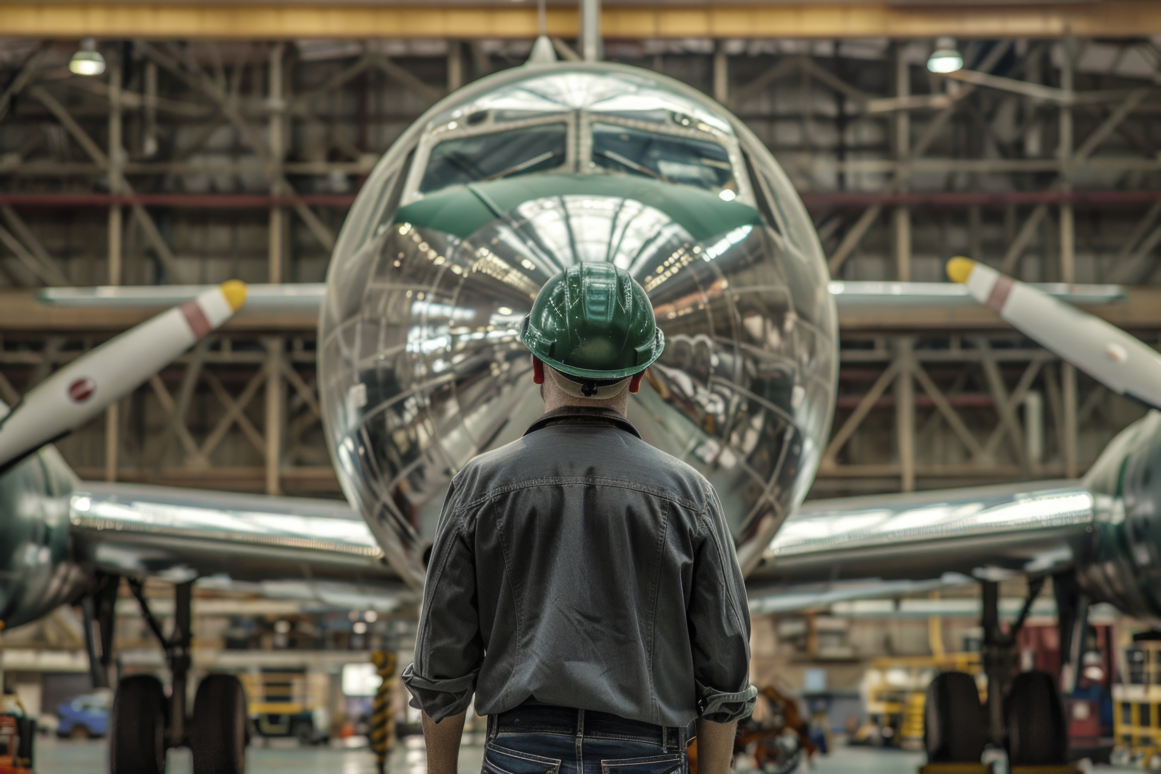 Student technicians inspecting an aircraft engine in a bright maintenance hangar